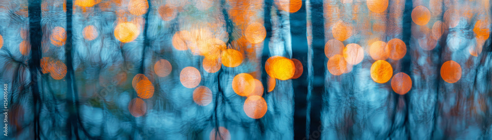 Poster reflections of trees on a blurred water surface creating soothing bokeh effects
