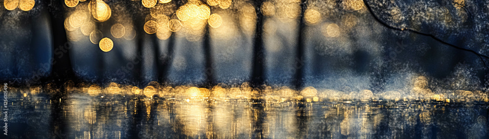 Aufkleber blurred water surface reflecting trees creates a tranquil bokeh effect in a bright atmosphere