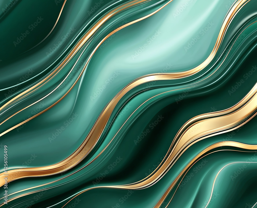 Poster elegant malachite green and gold abstract marble background with flowing waves, creating luxurious a