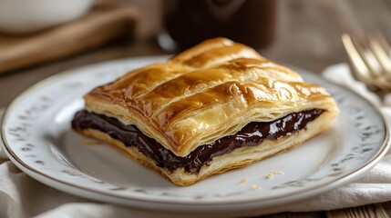 Chocolate Pastry Perfection: A single, golden-brown pastry filled with rich, decadent chocolate, invitingly displayed on a plate. The flaky crust and the smooth.