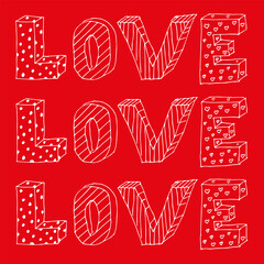 3D Love Text with Patterns on Red Background