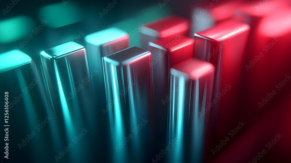 Poster abstract close-up of metallic bars illuminated with vibrant blue and red lights, creating a modern t