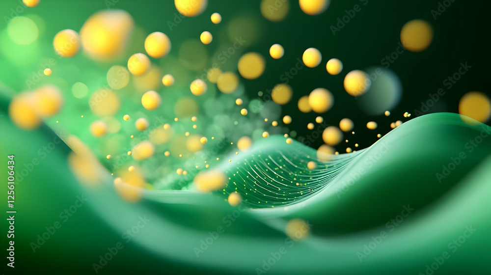 Poster abstract design with vibrant yellow and green particles creating a dynamic wave effect. perfect for 