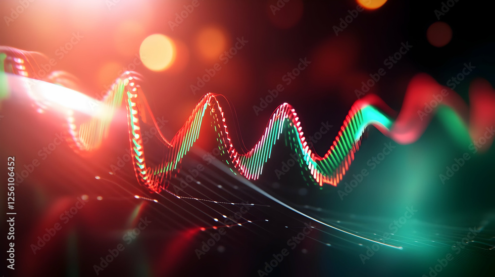 Poster abstract digital waveforms representing sound frequencies in vibrant colors, blending modern aesthet