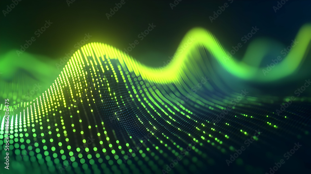 Poster abstract digital waves in green, representing sound or data visualization, perfect for tech and musi