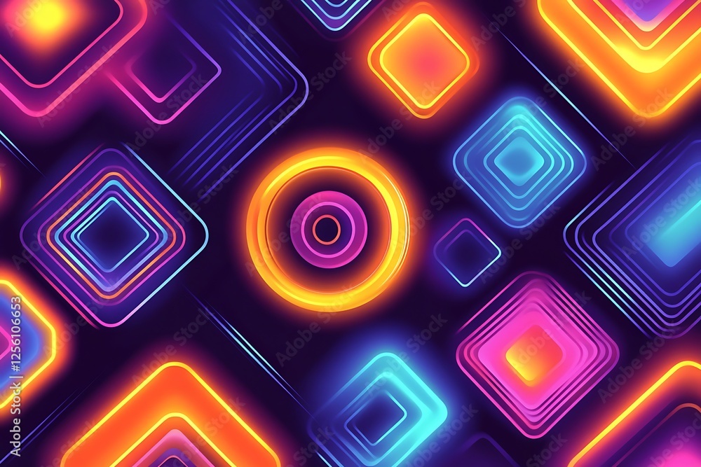 Poster vibrant neon shapes overlap on dark background, creating an abstract design.