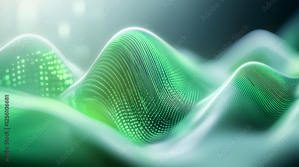 Poster abstract waves in green tones symbolize digital innovation and modern technology, creating a dynamic