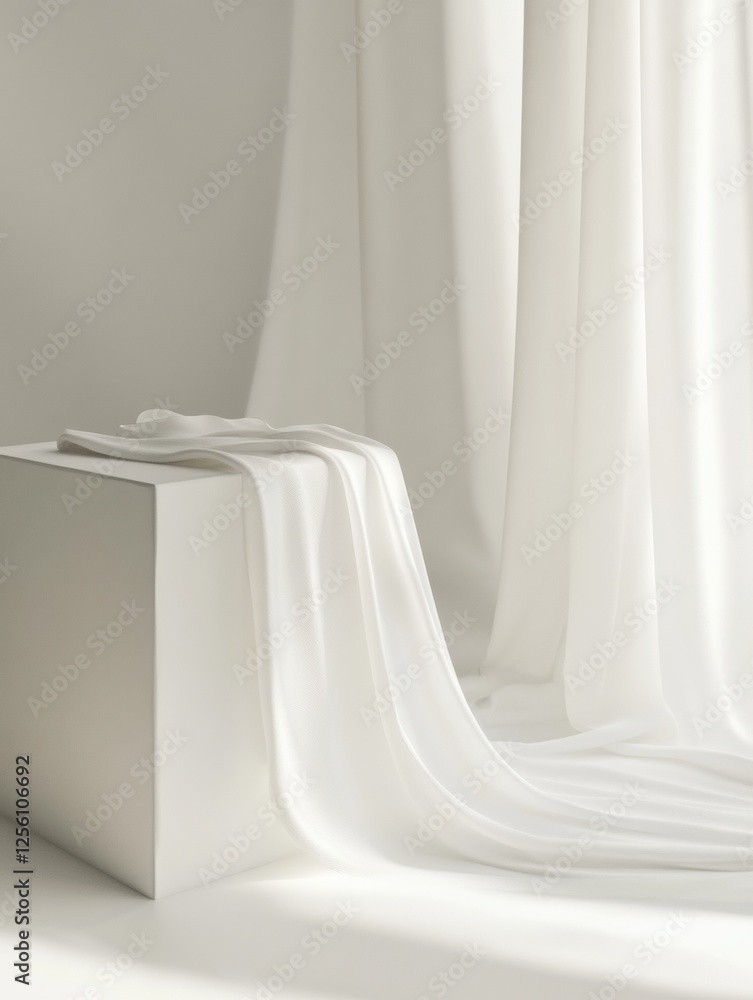 Poster Minimalist clothing display showcasing neutral textures with draped fabric on a sleek surface in a serene environment. Generative AI