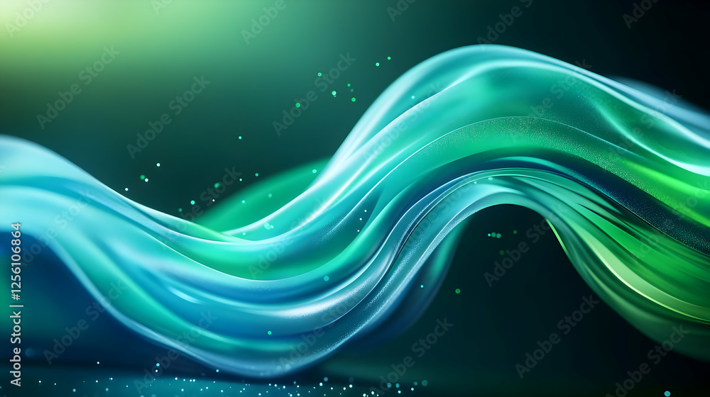 Poster an abstract composition featuring flowing waves of vibrant green and blue colors, creating a serene 