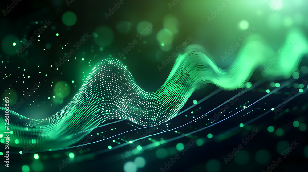 Poster an abstract green wave design featuring flowing lines and glowing particles, perfect for backgrounds