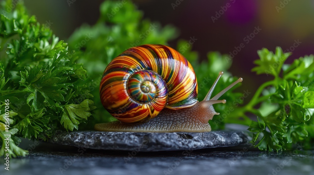 Poster a close-up of a colorful snail resting on a gray surface, surrounded by fresh parsley for a natural 