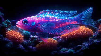Fototapeta premium Vibrant fish swims coral reef, dark background, aquarium use
