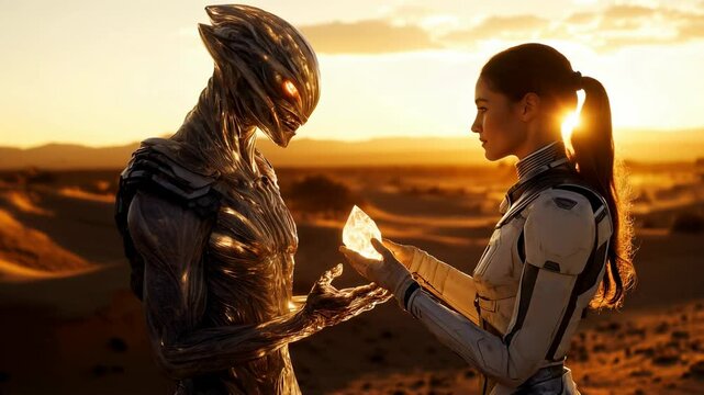 A female astronaut in a futuristic space suit exchanging a glowing crystal with an advanced alien being at sunset in a vast desert, symbolizing interstellar diplomacy and first contact
