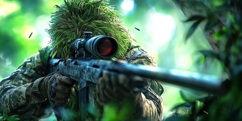 sniper holding sniper rifle in full camo