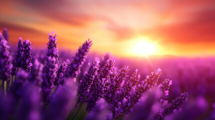 A breathtaking lavender field at sunset, showcasing vibrant purple blooms against a stunning orange and purple sky.