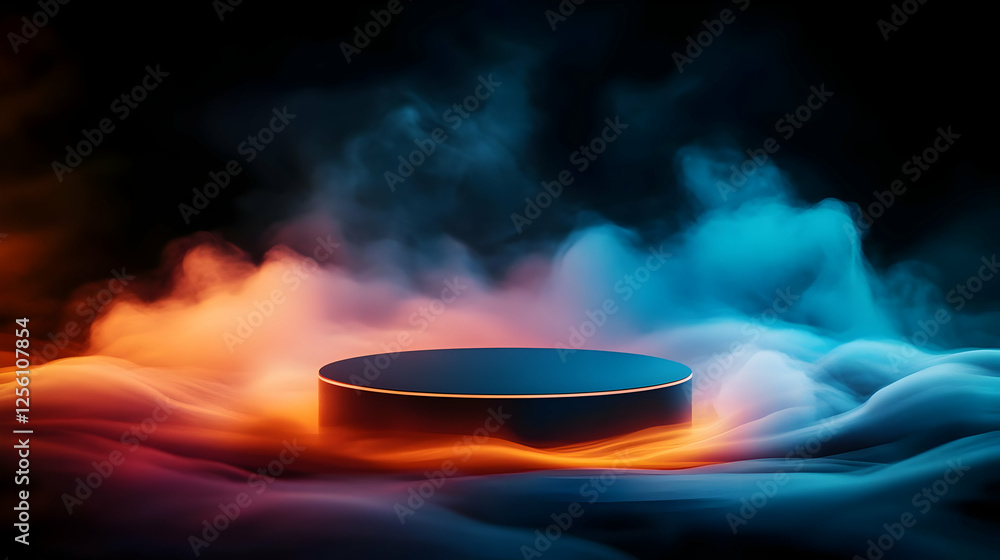 Poster a captivating abstract scene featuring a round platform enveloped in vibrant, colorful smoke, creati