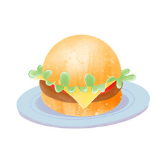 Cheeseburger with Salad on a Plate Illustration