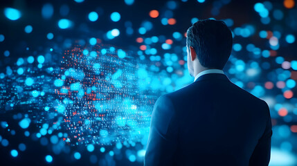 A business professional gazes at colorful digital data, symbolizing innovation and digital transformation in the modern world.