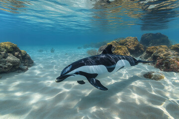 Fototapeta premium A Hector's Dolphin Swimming In Clear Ocean Water, Playful And Graceful