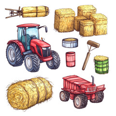 Red Tractor Hay Bales Farm Tools Rustic Charm