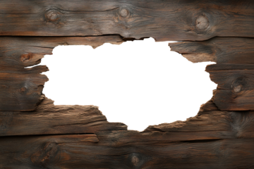 big hole in old wooden wall isolated on transparent background