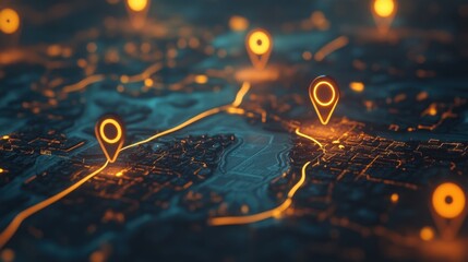 A close-up of a digital map with GPS data and tracking icons glowing in real-time.