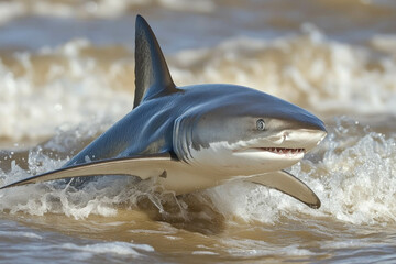 Naklejka premium A Spinner Shark Leaping Out Of The Water, Ocean Waves, Dynamic And Powerful