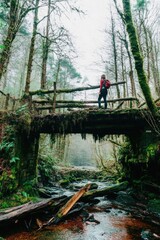 Woman hiking on mossy bridge in foggy forest landscape