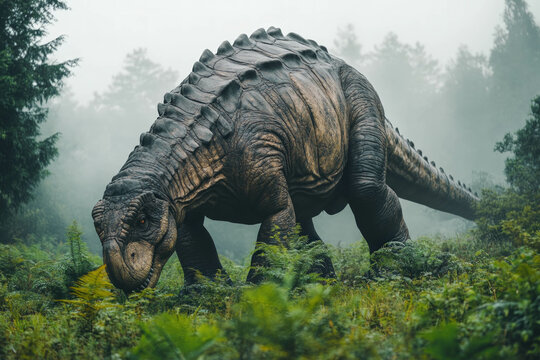 A Talarurus Dinosaur Grazing In A Prehistoric Forest, Detailed Armor Plates, Misty Environment