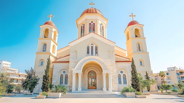 Byzantine architecture of thessaloniki cathedral with a cross on top against a clear blue sky - Powered by Adobe