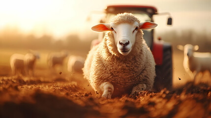 Obraz premium A close-up of a sheep in a field, with a tractor in the background, capturing the essence of rural farming life at sunset.