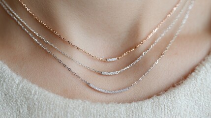 Woman wearing three delicate necklaces