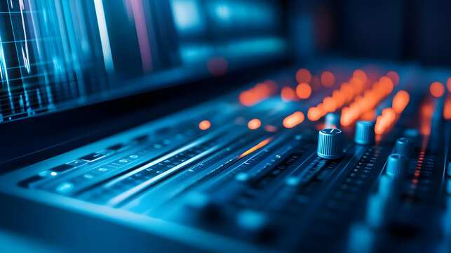 A close-up view of a modern audio mixing console with illuminated buttons and sliders, essential for sound production.