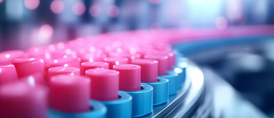 Obraz premium A close-up view of colorful vials on a conveyor belt in a modern laboratory, showcasing the vibrant pink and blue caps.
