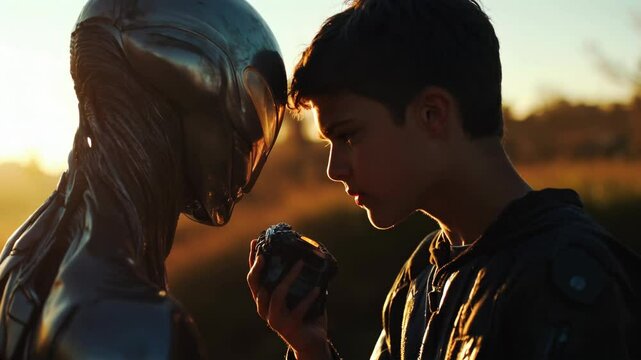 A young human and a futuristic alien share an intense moment at sunset, exchanging an advanced device, symbolizing trust, communication, and intergalactic understanding