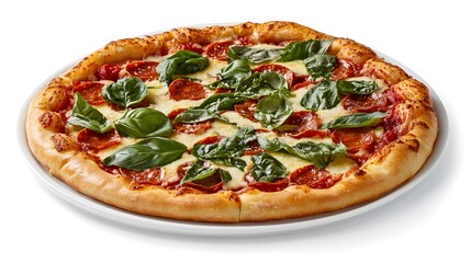 Pepperoni Pizza with Basil: A delicious-looking pepperoni pizza, generously topped with melted cheese and fresh basil leaves, sits on a plate, ready to be enjoyed.