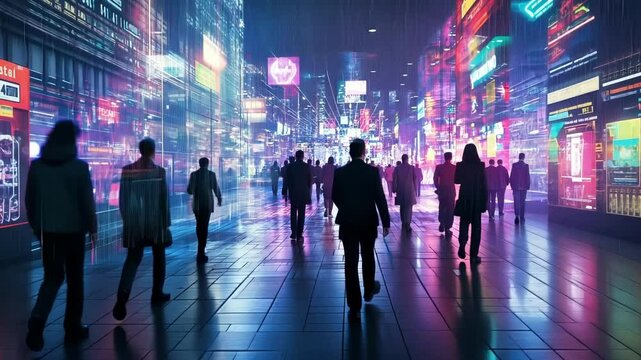 Ethereal avatars draped in radiant holograms negotiate in a bustling digital bazaar exchanging luminous tokens that pulse with energy.