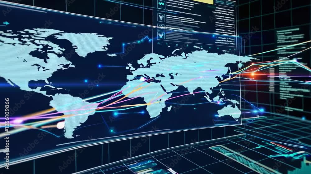Poster data visualization dashboard showcases dynamic trends and alerts in a futuristic environment