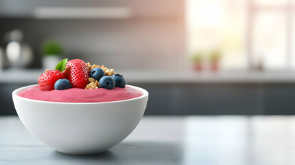 A delicious bowl of smoothie topped with fresh berries, perfect for a healthy snack or breakfast option in a modern kitchen setting.