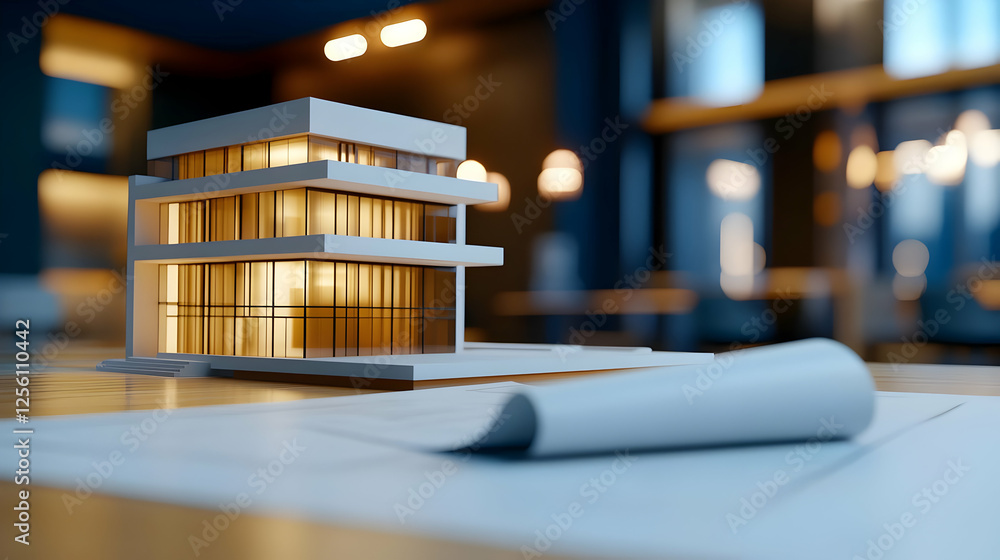 Poster a detailed architectural model showcasing modern design elements and intricate structures on a works