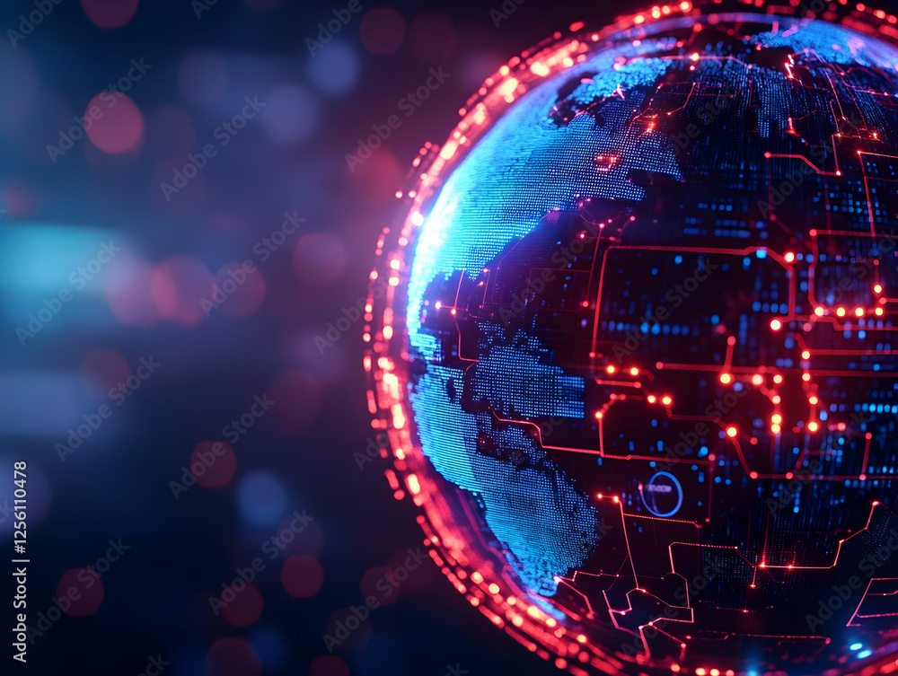 Poster a digitally rendered globe surrounded by glowing data points and circuits, representing global conne