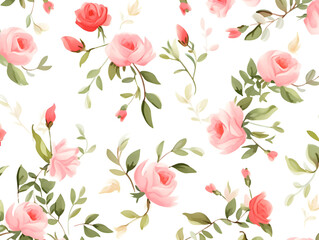 Seamless Watercolor Floral Pattern with Pink Roses and Green Leaves