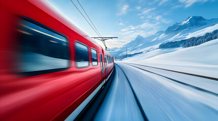 Obraz premium A dynamic view of a red train speeding through a snowy landscape, showcasing the beauty of winter travel in motion.