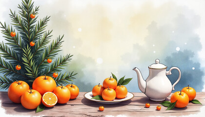 Christmas tea set with oranges and pine tree on wooden table