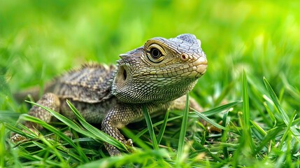 Lizard in grass, alert, outdoors, nature background, pet