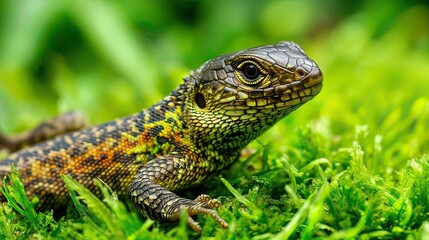Obraz premium Lizard resting mossy forest vibrant green background nature wildlife