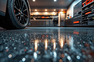 Garage Floor Coating: A Glossy Epoxy-Coated Garage Floor, Reflective Surface, Tools And Car Tires In The Background