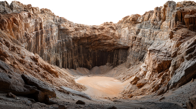 large crater in a granite wall with a view of the bottom, isolated on a transparent background