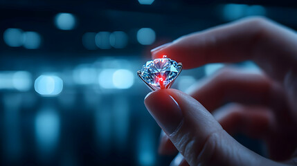 A hand holding a sparkling diamond, showcasing the beauty and elegance of fine jewelry against a blurred background.