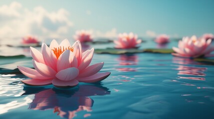Pink lotus flowers on the tranquil water surface